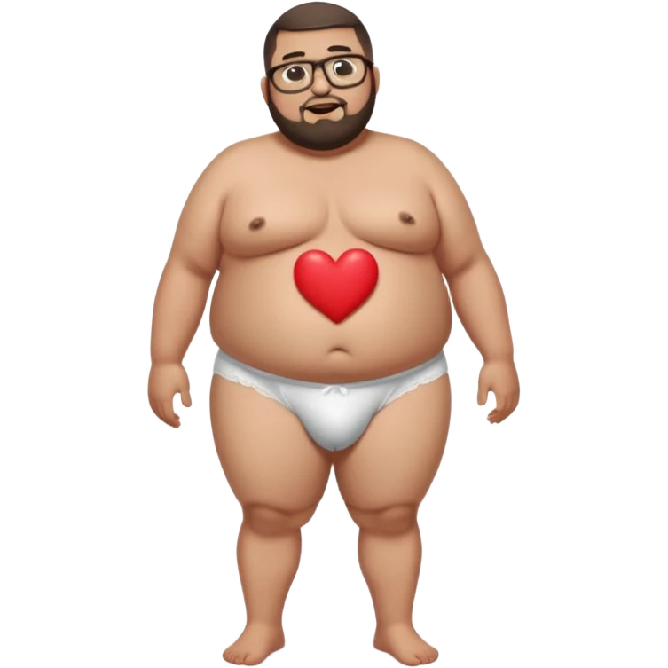 A full body standing, morbidly obese, fat, shirtless mexican guy in his white underwear with red hearts, with a buzzcut, a beard, and glasses thats drooling emoji