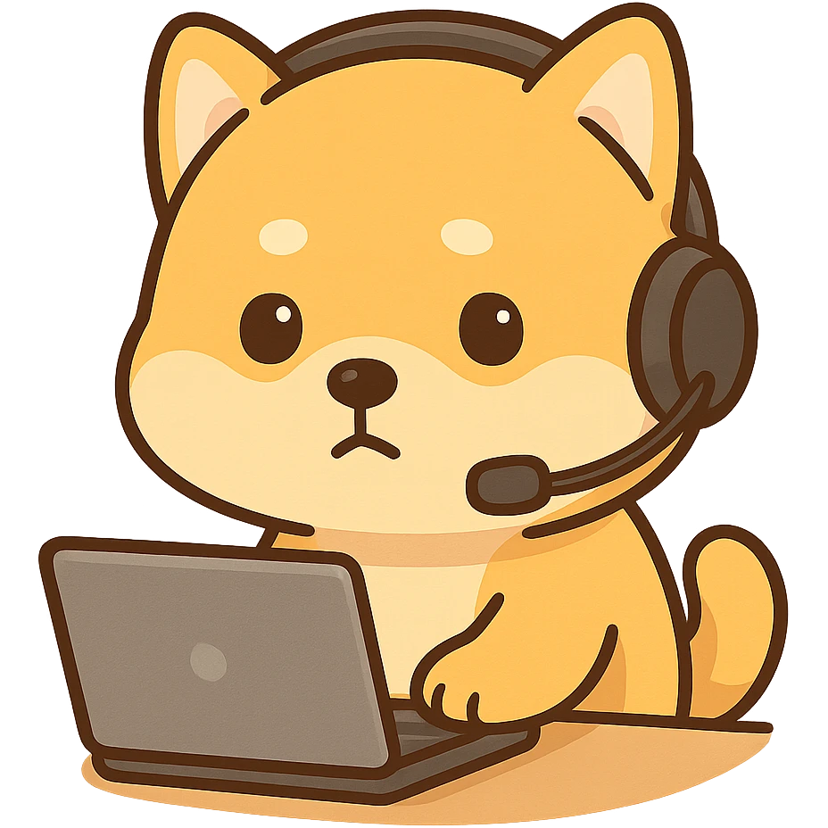 A yellow Shiba Inu wearing a headset is working, looking at the audience with an ambiguous look emoji