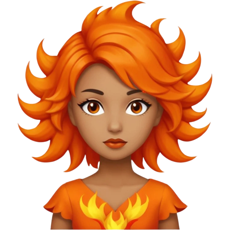 A girl tan skin face emoji with skin head hair styled, dramatic makeup and an orange flame-themed dress. emoji