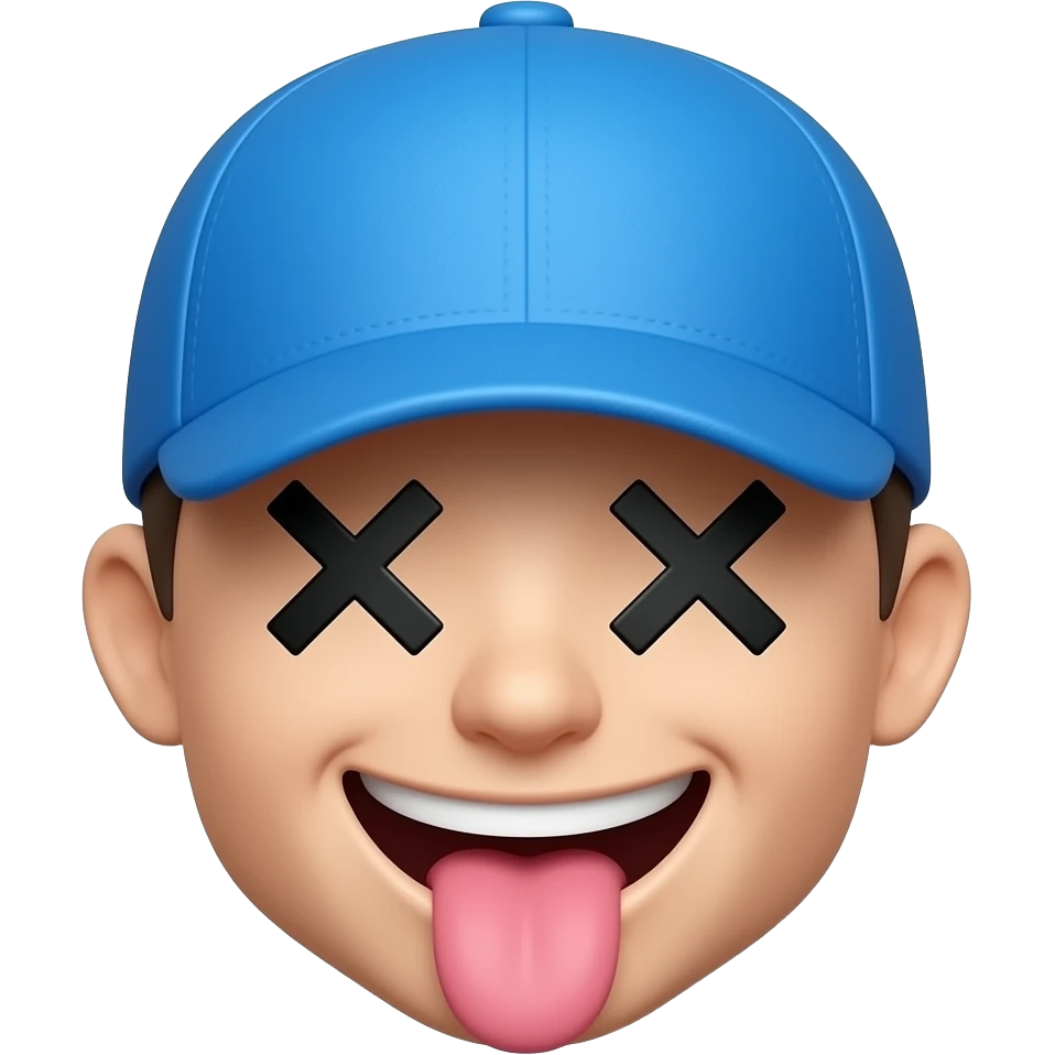 A grinning face emoji with X-shaped eyes, sticking out a long tongue, and wearing a bright blue baseball cap. The emoji should be in a standard, detailed 3D emoji style. Remove all screen-related elements like fingers, glare, or app icons." emoji