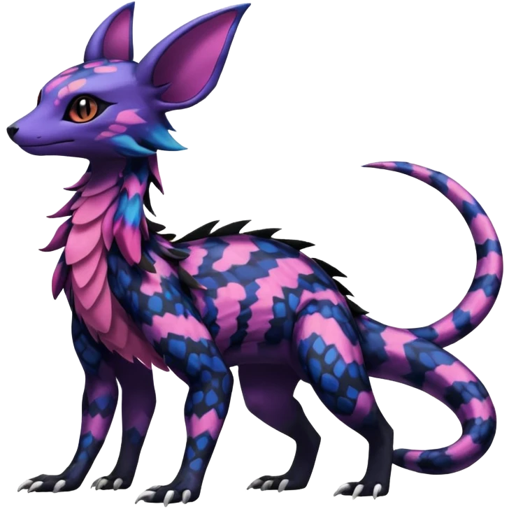 Rare epic aesthetic colorful Salandit-Noibat-Eevee-Genet-species-Fakemon-hybrid-creature, with markings, full body emoji
