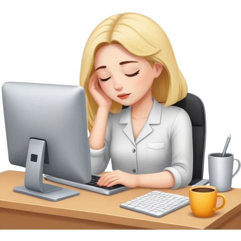 Woman dozing off at workspace with computer emoji