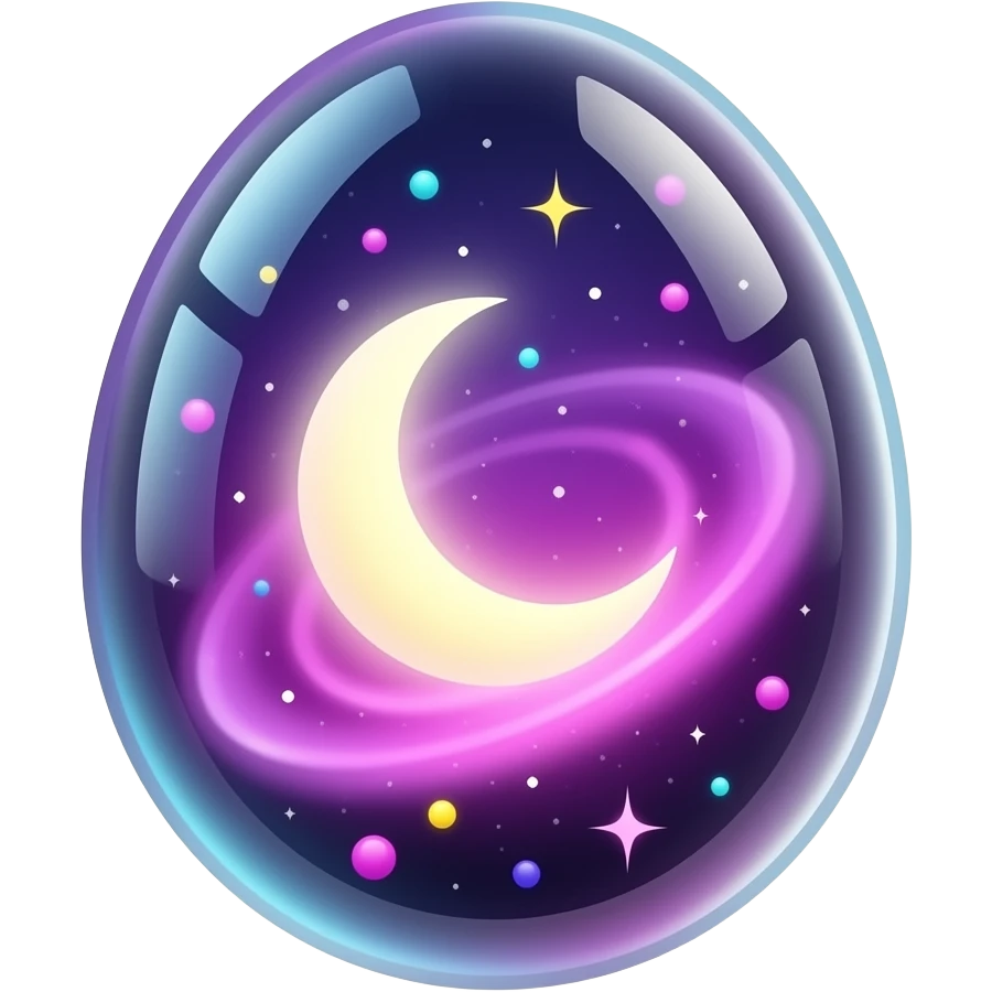 transparent glowing cosmic egg with no visible shell, fully see‑through, containing a swirling purple‑pink nebula and a luminous crecent moon, floating multicolored light orbs inside, isolated object, transparent background emoji