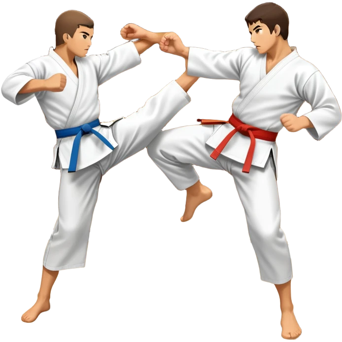 An icon symbolizing traditional Karate, featuring two opponents in a fierce battle. One fighter is delivering a high kick, while the other blocks the attack with a strong defense. The background reflects the calm yet intense atmosphere of a dojo, with traditional elements. Transparent background  emoji