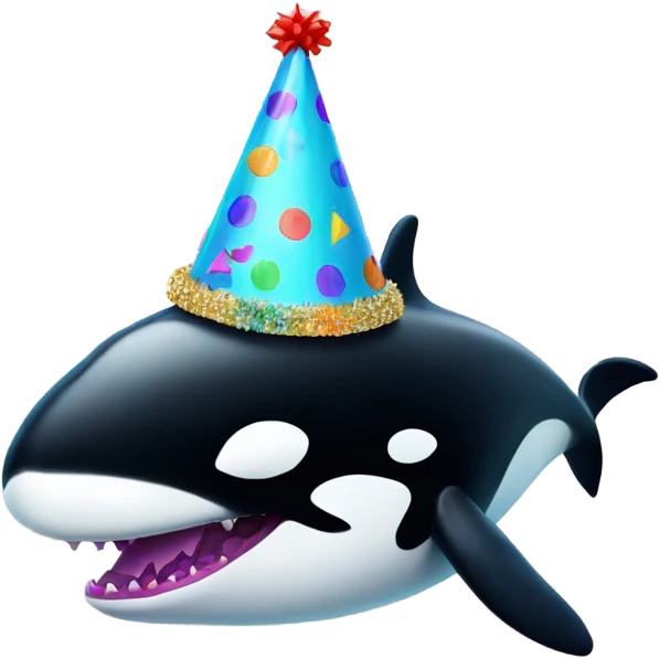 Killer whale wearing a small colourful party hat  emoji