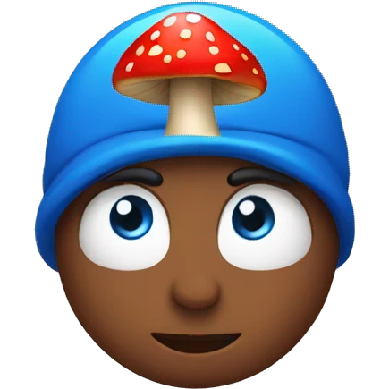 person with blue eyes and red mushroom in head emoji