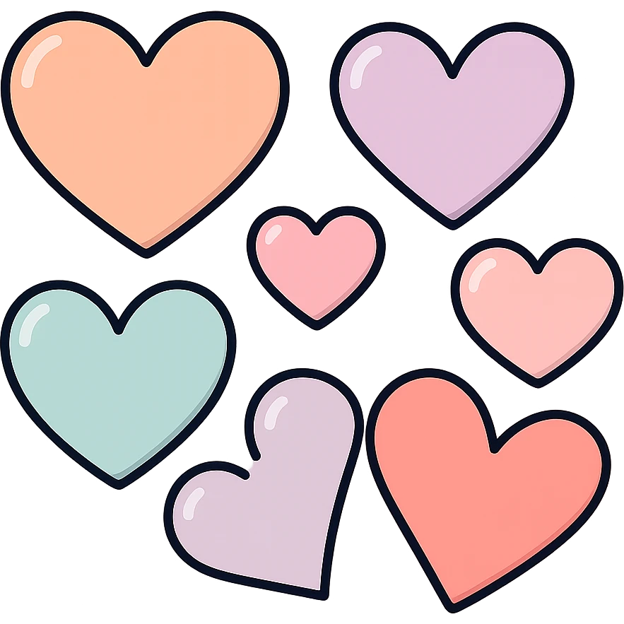 several hearts of different shapes on one canvas, icon-color-outlined style, vector look with shadows and highlights, detailed shading, thin clean outlines, soft rounded features, pastel palette #98B5BC #B5B3C1 #C9A3C9 #E4C0CA #F7DCD1 #F7C0AA, Japanese pop art, sticker look, highly detailed, transparent background emoji