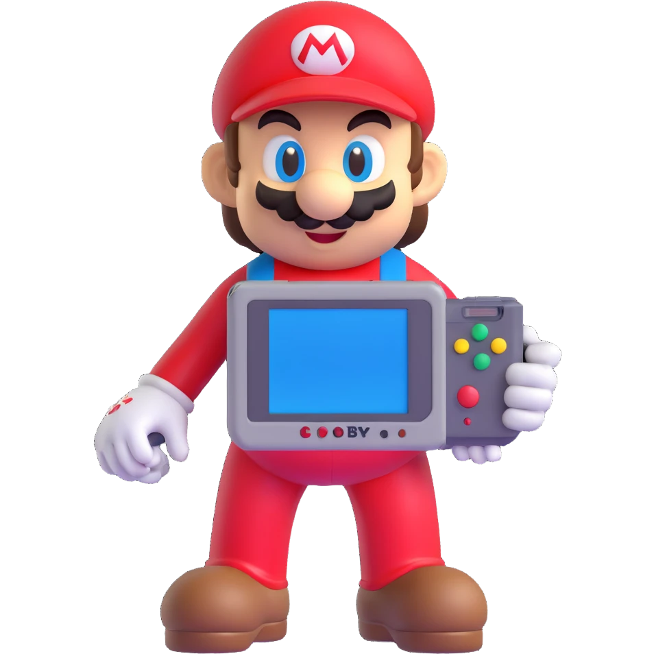 Super Mario playing a Game Boy, 3D emoji style emoji