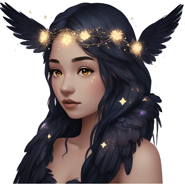 Black Raven wings bohemian girl Ethereal galaxy constellation girl angel raven wings black wings, gold arrow, nebula, flower crown, fairy lights, iridescent emoji