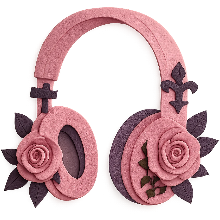 pink gothic headphones with layered paper roses and gothic motifs emoji