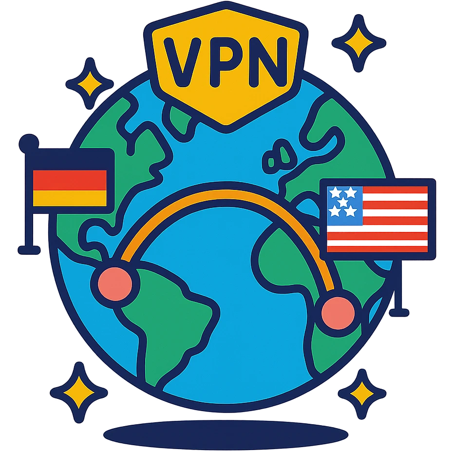 VPN globe icon showing a connection from Germany to the USA, cartoon style, no text, suitable for Instagram Reel emoji