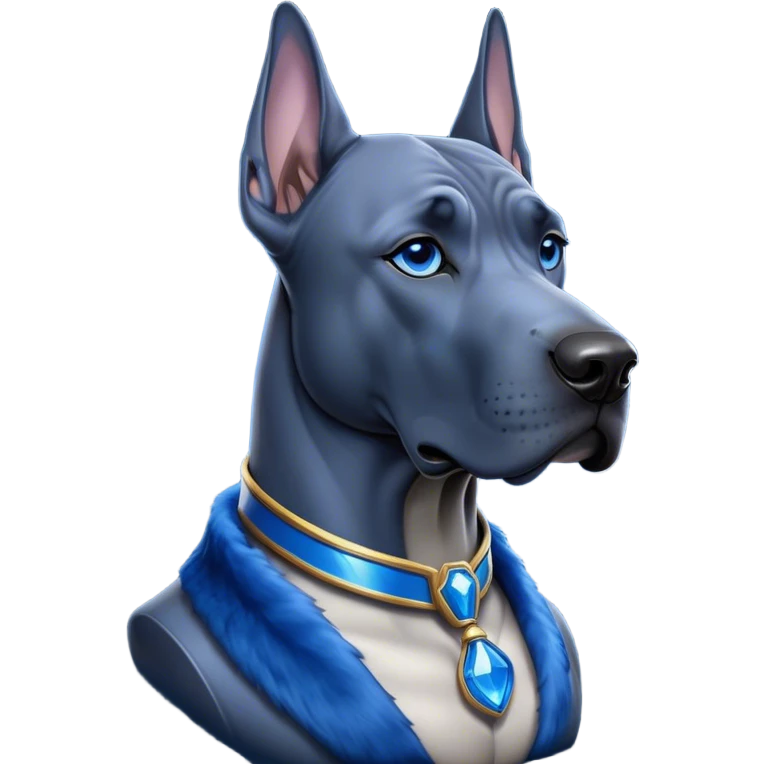 Cinematic Noble Blue Great Dane Portrait Emoji, Poised and regal, with a towering, muscular build and a sleek, well-groomed deep blue Fur, deep-set soulful steel-blue eyes, Simplified yet sharp and sophisticated features, highly detailed, glowing with a cool, dignified glow, high shine, intelligent and commanding, stylized with an air of majesty, focused and attentive, soft glowing outline, capturing the essence of a watchful and authoritative guardian, so majestic it feels as though it could stride out of the screen with effortless authority! emoji