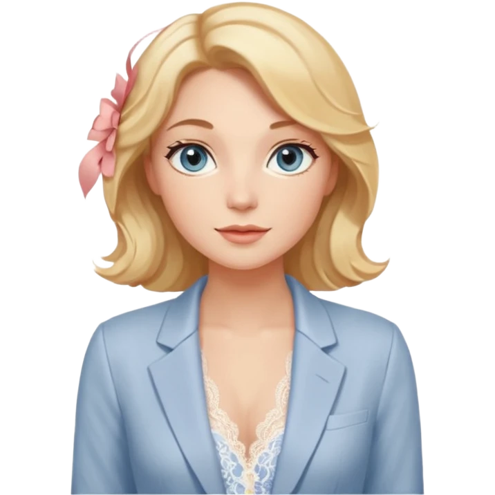 Telegram-style sticker pack of a gentle woman with fair skin, wavy honey-blonde hair, and calm gray-blue eyes. She wears blush lace lingerie and a white blazer, radiating warmth and confidence. Stickers are lively, bright, and expressive, with a soft romantic tone. emoji