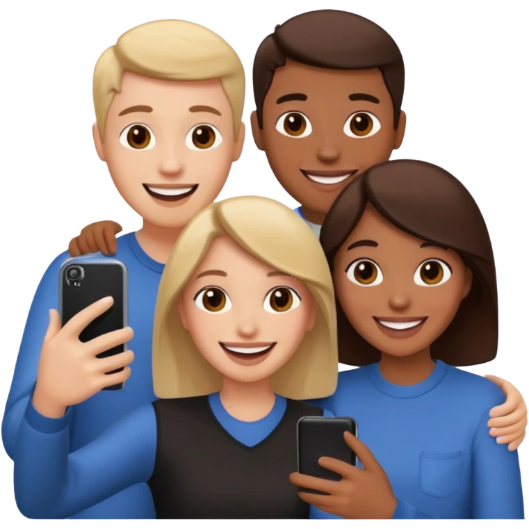 three friends holding phone selfie smiling emoji