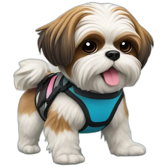 A Shih Tzu character in NFT style riding a wakeboard with a resort in the background. emoji