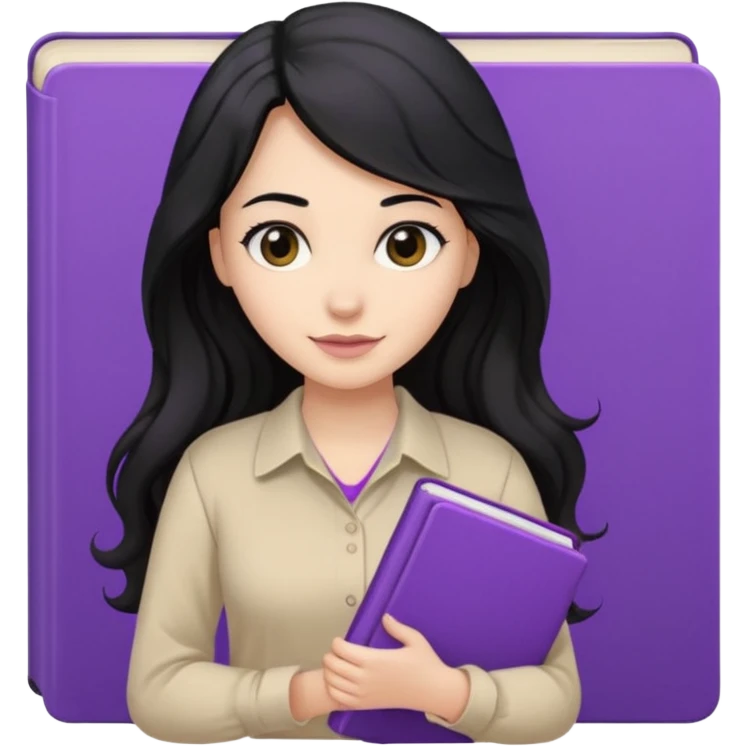 Long Hair Women with purple Book, Black wavy hair, beige shirt emoji