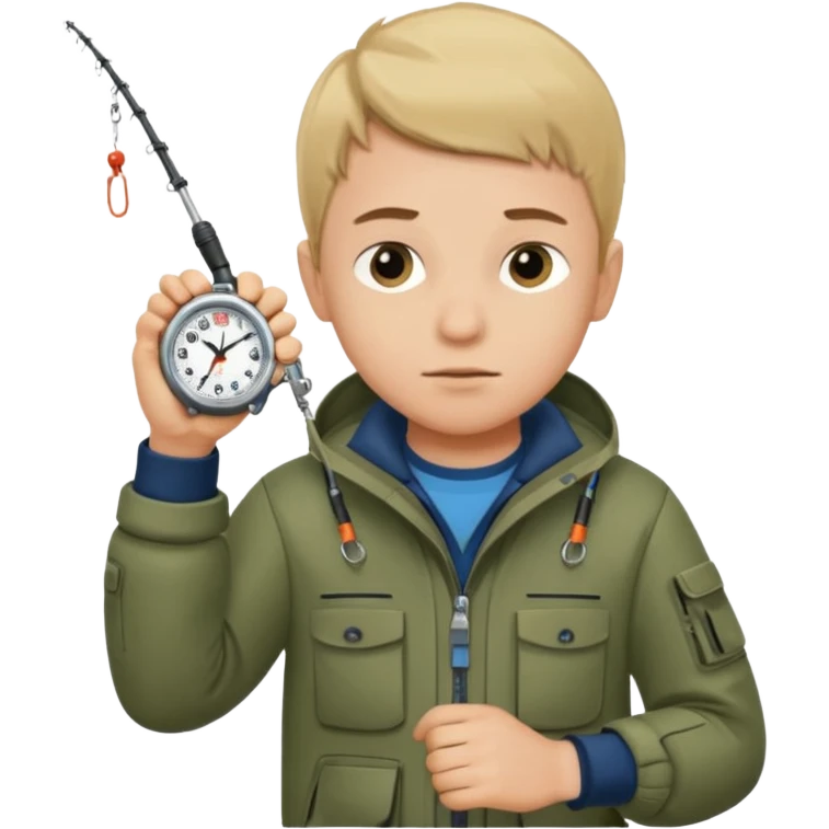 Boy in fishing suit looking at his wristwatch emoji