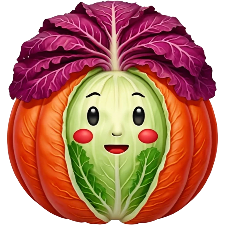 Korean kimchi whole cabbage, all parts red with red sauce, no face emoji
