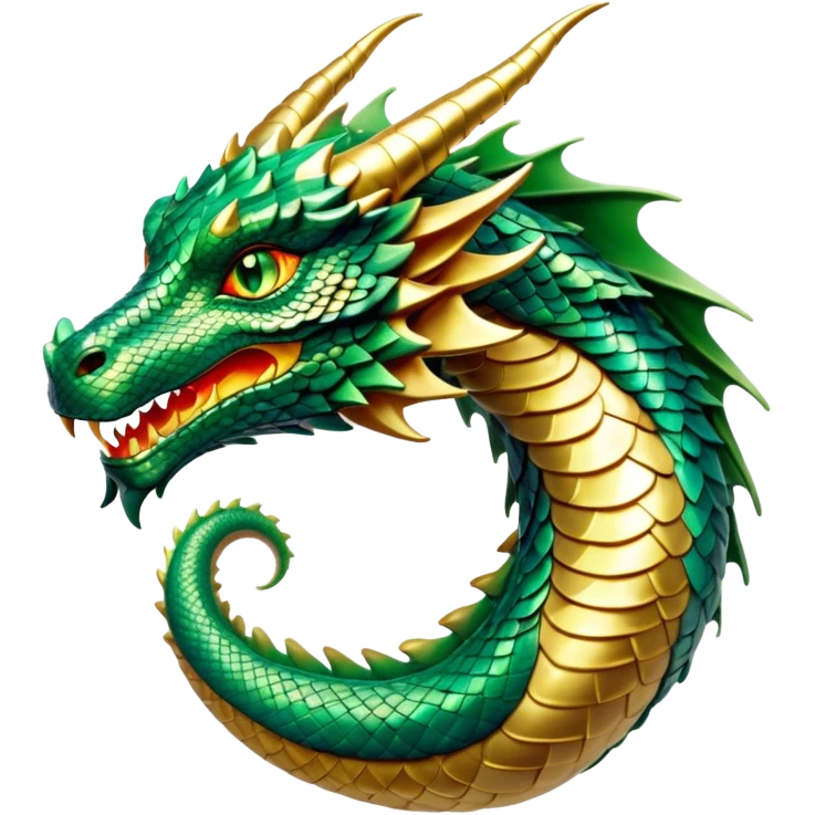 Cinematic Noble Dragon Portrait Emoji, Poised and majestic, with a sinuous, elongated body covered in intricately detailed, shimmering scales in hues of emerald and gold, and piercing, fiery eyes that reflect ancient wisdom; rendered with lifelike texture and natural highlights, high shine, intelligent and formidable, styled with an aura of mythic power, focused and attentive, soft glowing outline, capturing the essence of a legendary dragon that appears ready to soar out of the screen with timeless authority! emoji
