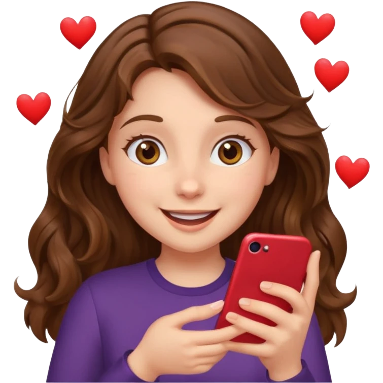 Girl with wavy brown hair and hazel eyes Looking at phone and in love and she is excited and hot with hearts emoji