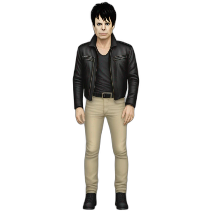photo realistic, full body, Gary Numan in 1980, playing, Mini Moog, standing up, front view emoji