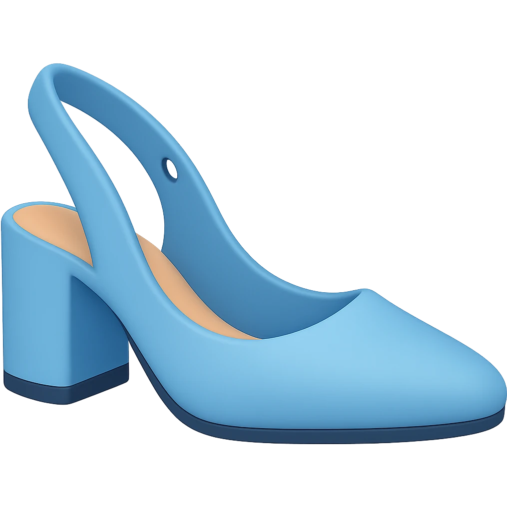 Slingback shoe with very thick heel in a lighter blue color, styled as an Apple emoji, with transparent background. emoji
