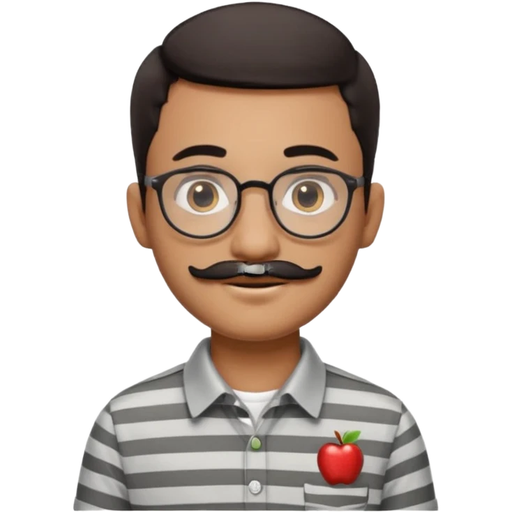 young Pakistani shopkeeper, short dark hair, round eyeglasses, thick black mustache, light grey striped shirt with collar, cheerful and welcoming, Apple emoji style, clean and detailed, no background emoji
