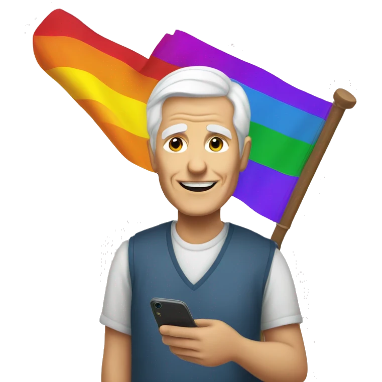 older whitehair men with rainbow flag and iphone emoji