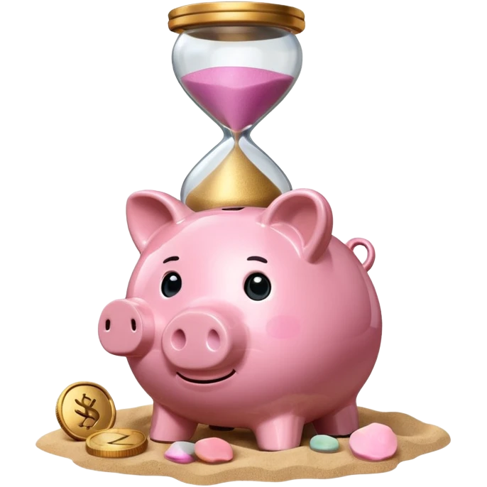 A piggy bank with a coin and an hourglass ⏳ beside it, symbolizing saving over time for retirement. emoji