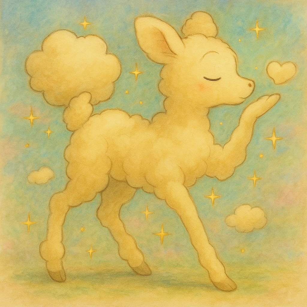 Add a soft pastel background behind the dreamy cream yellow Ghibli-style cloud doe with sparkles, blowing a kiss. emoji
