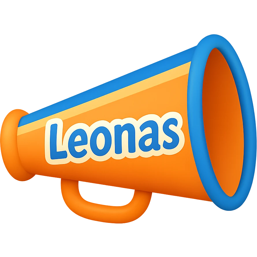 cheerleading megaphone in orange, blue and white colors, with the word 'Leonas' visible, colorful and cheerful icon style emoji