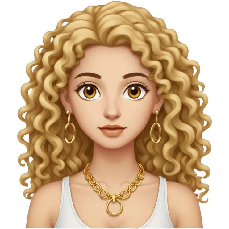 attractive Greek woman with long curly hair and light skin wearing gold hoop earrings and a small gold necklace emoji