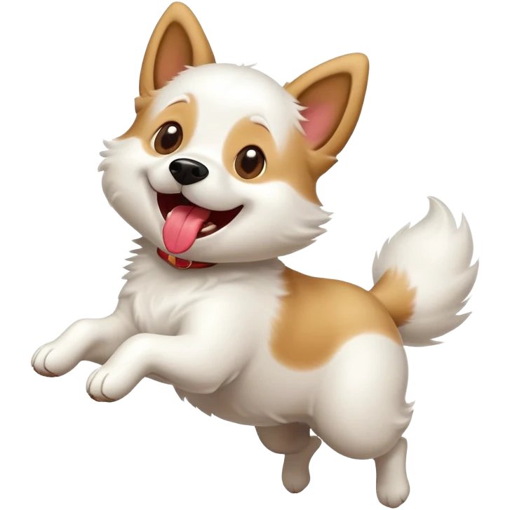 A happy cartoon dog jumping with excitement, mid-air, tongue out, tail wagging, simple and expressive emoji style emoji
