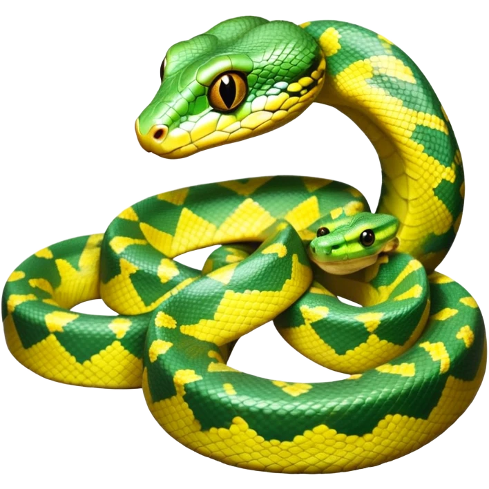 cinematic-green tree python-realistic-full-body-coiled-emoji,-thick-scaled-body-looped-tightly,-intricate-yellow and white-patterned-scales-reflecting-light,-head-tilted-dramatically,-cute-eyes-staring-calmly,-simplified-yet-realistic-focused-feature emoji