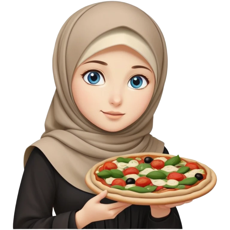 Turkish beautiful finish Konya girl blue eyes with beige and black hijab islamic dress and had on her hand vegetable pizza emoji