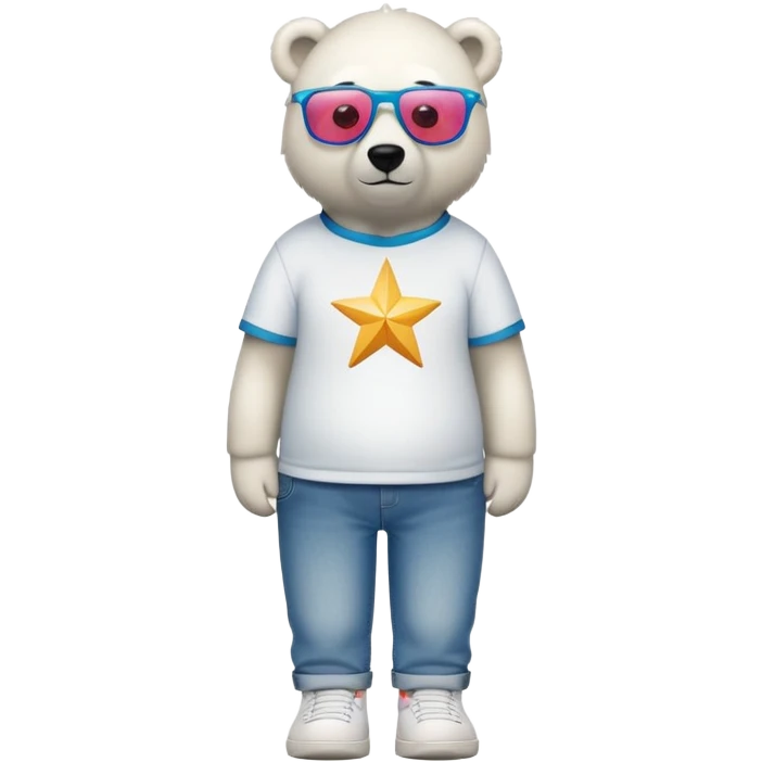 friendly anthropomorphised polar bear standing upright, looking chilled and unbothered, wearing a shirt, jeans, trainers, oversized colorful star glasses emoji