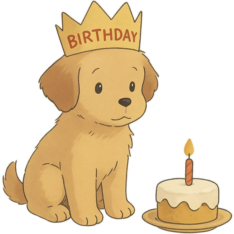 puppy with a birthday crown sitting beside a mini cake, soft Ghibli style emoji