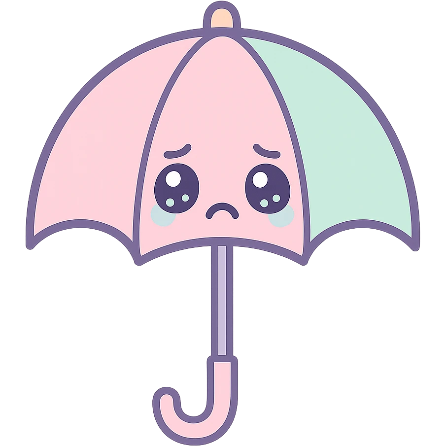 a cute umbrella with watery eyes and a frown emoji