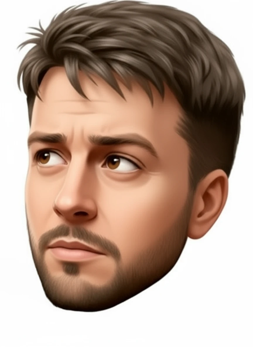 нарисуй точно такого же человека, с такой же эмоцией, но голова повернута в противоположную сторону, пробор на голове как в оригинале, без фона emoji