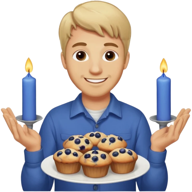 It is my friend virginias birthday. Create emoji with me saying happy birthday Virginia while holding blueberry muffins with candles in them! I am a white man make the emoji with dirty blonde hair  emoji