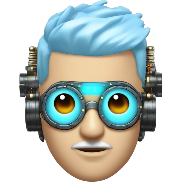  Short light blue haired male cyborg head with light blue beard, red steampunk goggles and circuits emoji