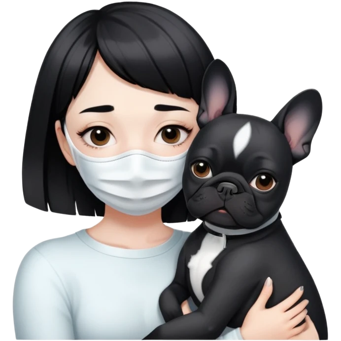 girl with short black straight bangs hair wearing a white mask and hugging one black French bulldoge  emoji