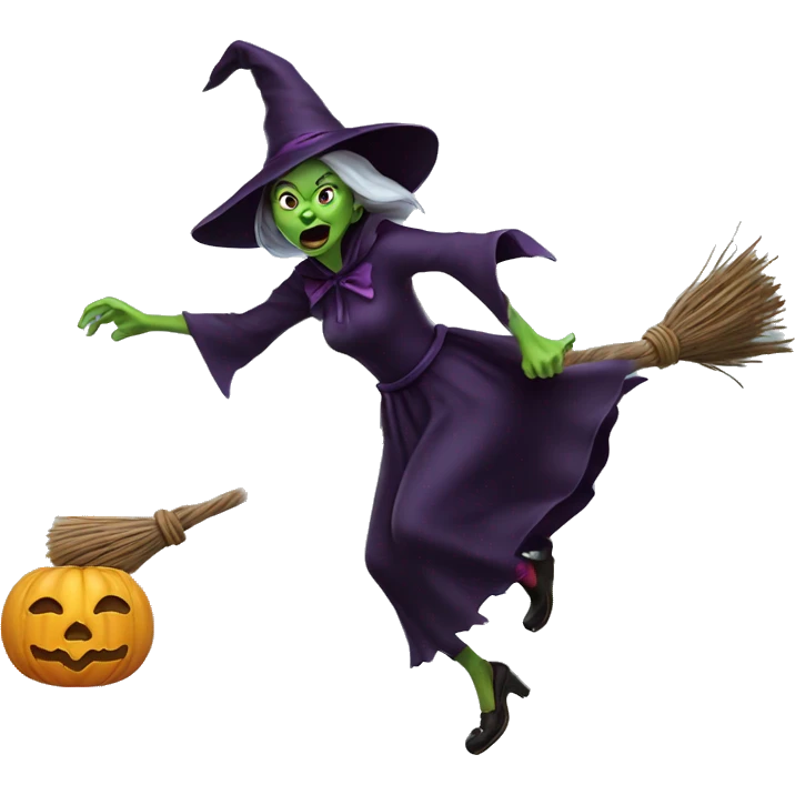 Scarry witch, flying to the left on a broom, throwing candy. emoji