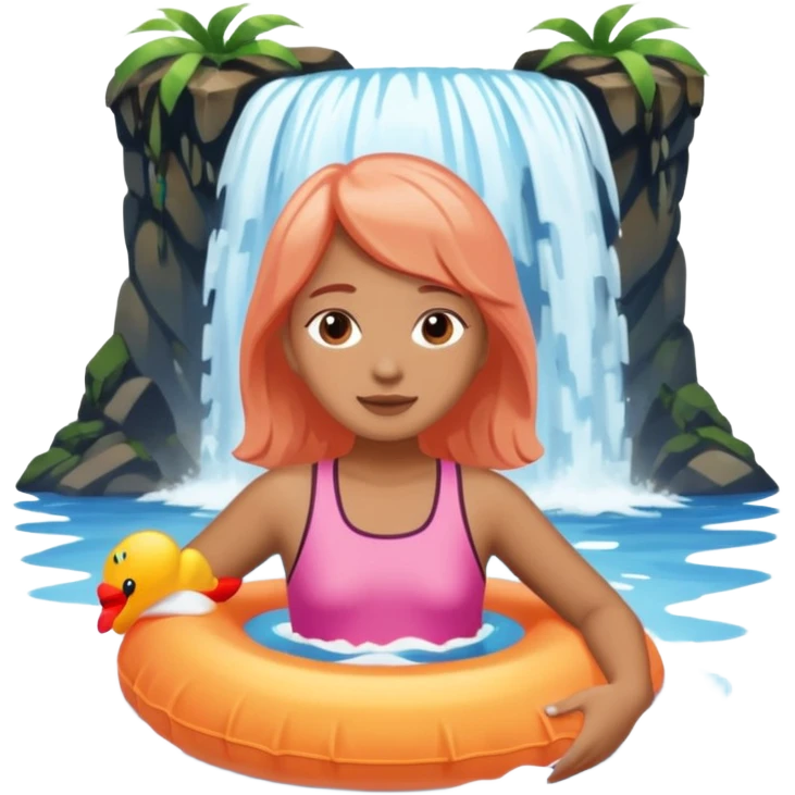Girl in a peach colored floatie swimming underneath a waterfall emoji