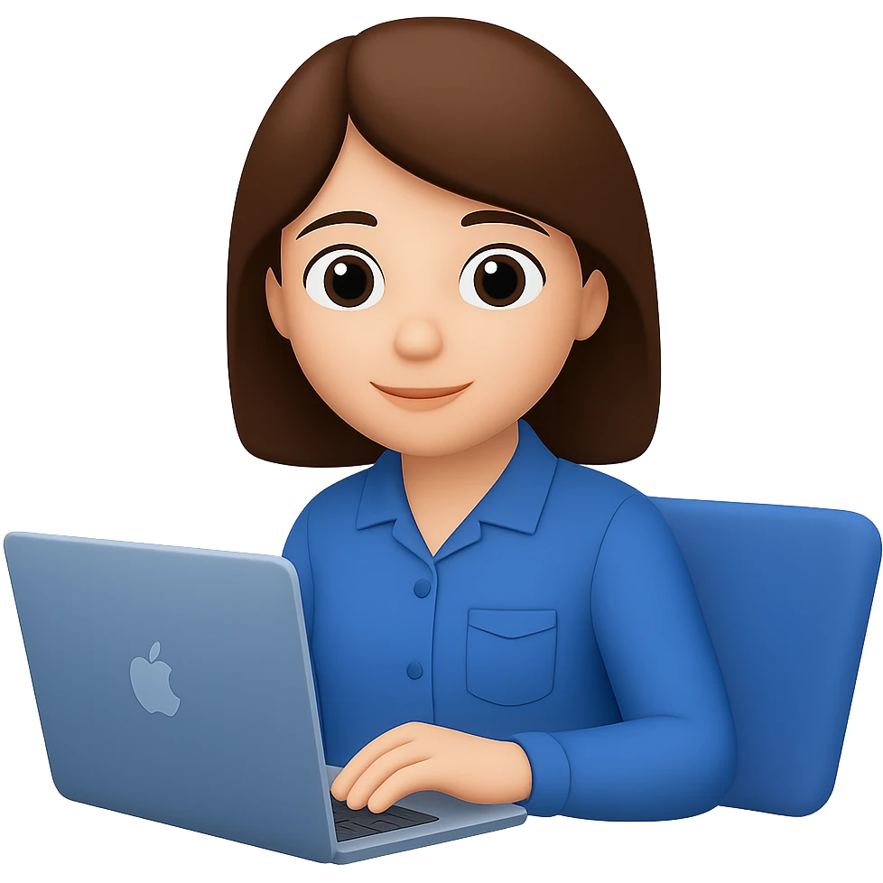Change hair to brown, right hand forward to the front, keep blue clothes, hand on laptop. The style should resemble emoji style with no background. emoji