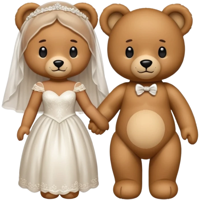 Teddy bear wearing white wedding dress holding the hand to another teddy bear wearing nothing.  emoji