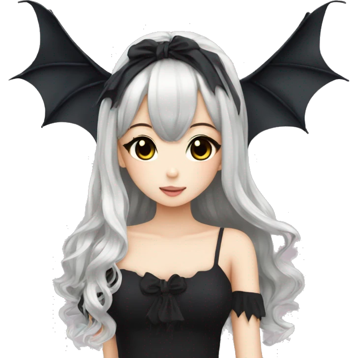 hime gyaru girl, beautiful long black hair, black top, bat wings emoji