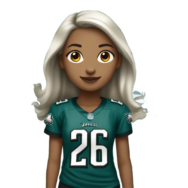 Whited skinned girl with brown hair wearing Philadelphia eagles jersey with number 26 emoji