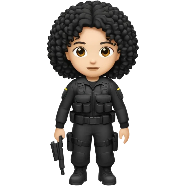 emoji dressed in black, curly hair, light skin, and tactical gear  emoji
