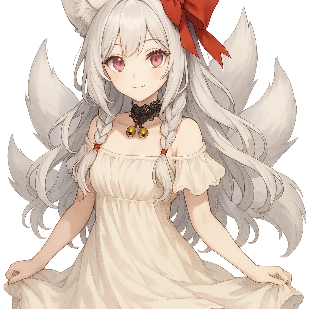 Charming fox spirit girl, pink irises, pale skin, silver white hair parted in two braids with loose hair, big red ribbon bow, flowy dress, lace choker with bells. emoji